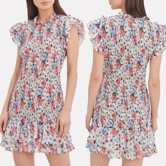 Veronica Beard Cici Mini Dress US 6 Colorful Floral Smocked Ruffle Celeb Style - Picture 11 of 12